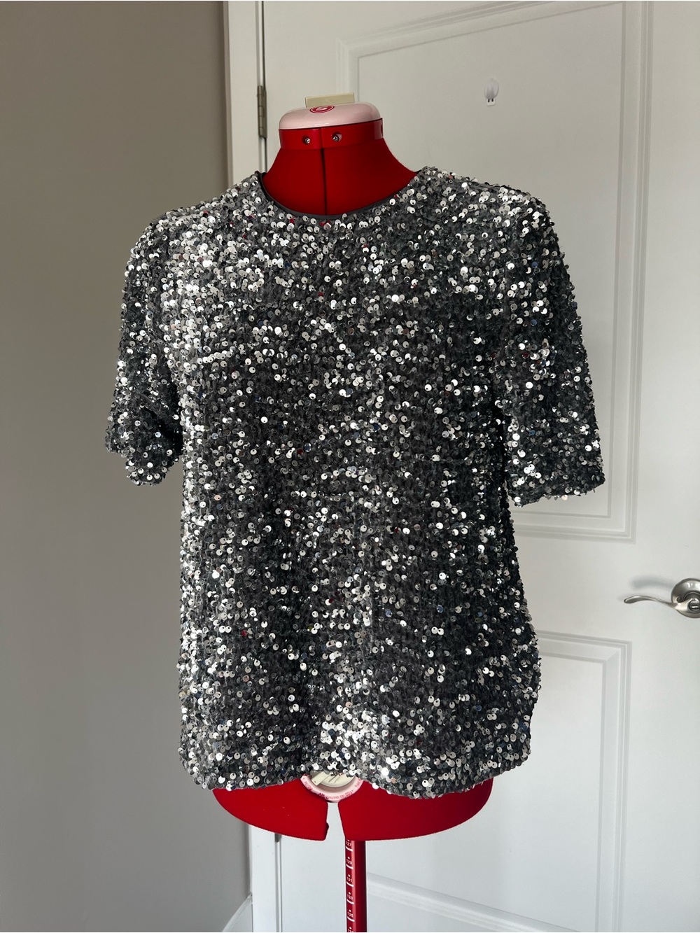Alex Marie Silver Sequin Short Sleeve Tee